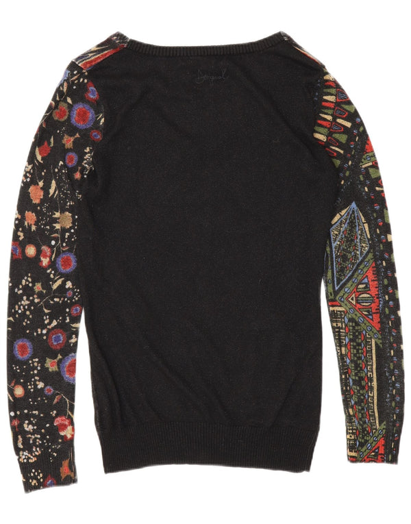 Desigual Dame grafisk V-hals sweater UK 10 Small Black Viscose