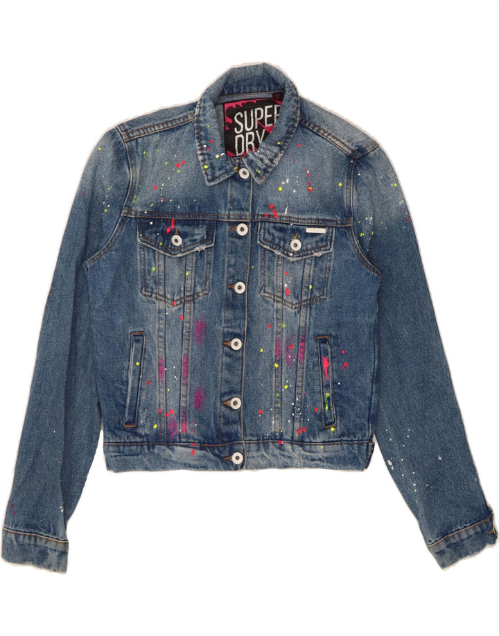 SUPERDRY Womens Graphic Crop Denim Jacket UK 10 Small  Blue Spotted Cotton Vintage Superdry and Second-Hand Superdry from Messina Hembry 