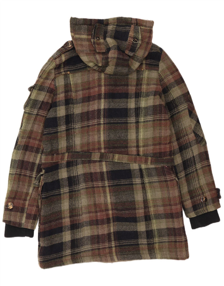 Vintage Dame Oversized Hooded Duffel Coat UK 10 Small Khaki Check Wool