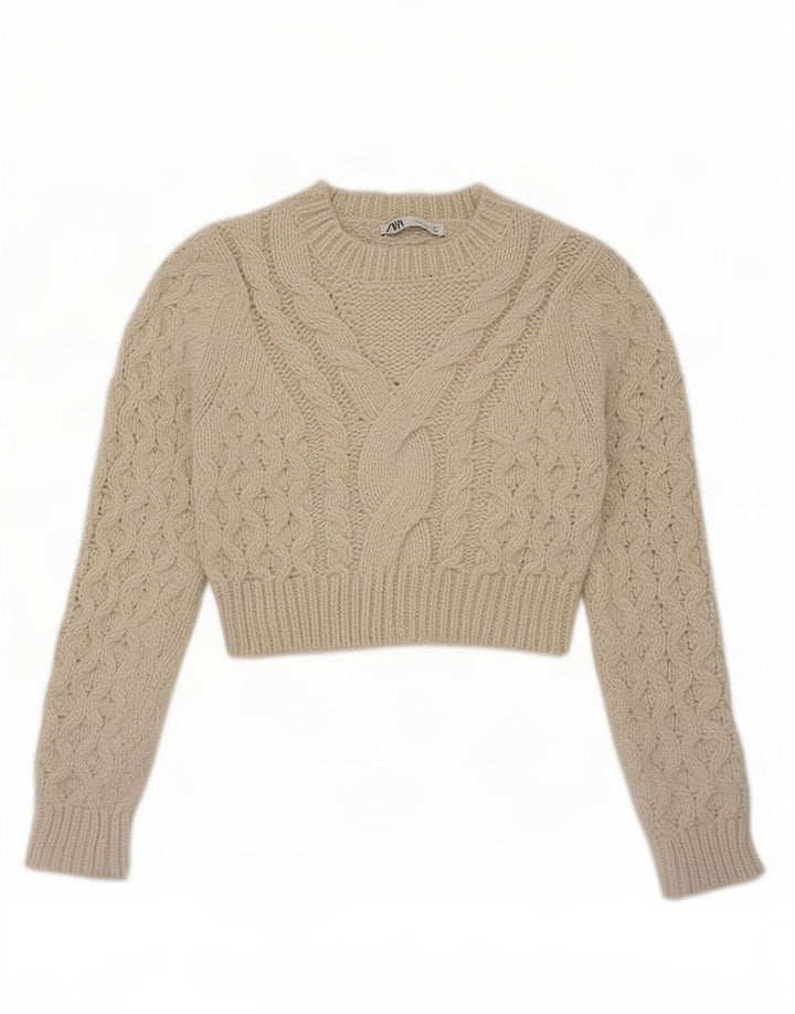 Zara Womens Crop Jumper Sweater UK 12 Medium Beige Polyester