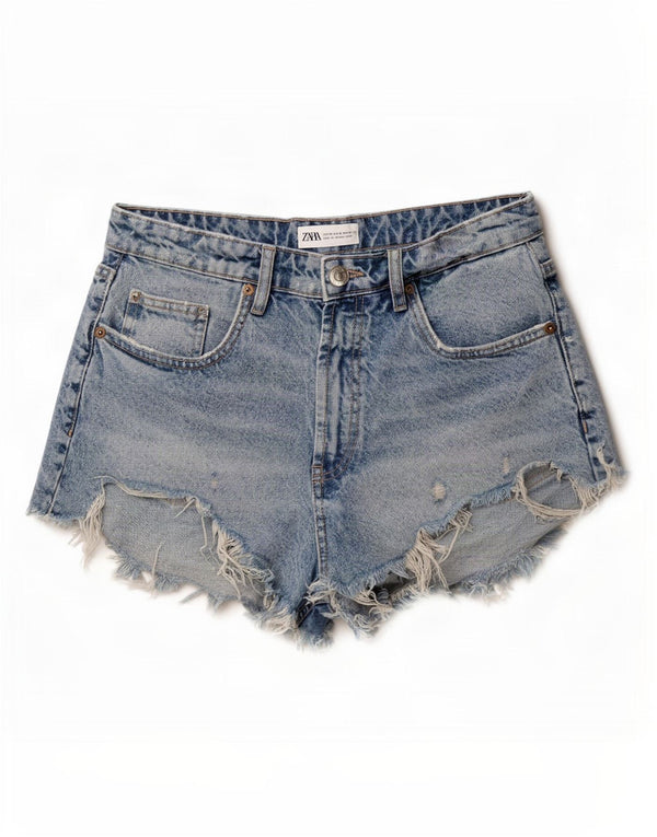 Zara Dame Denim High Waist Hot Pants EU 38 Small W28 Blue Cotton