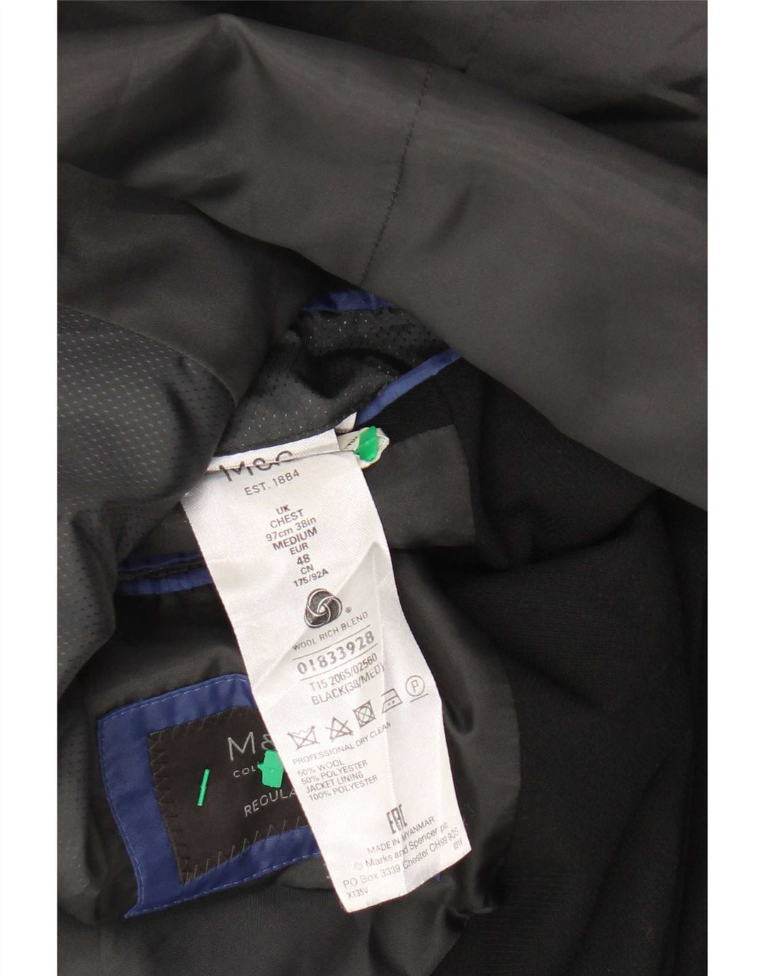 Marks & Spencer Herre 2-knaps blazerjakke UK 38 Medium Black New Wool