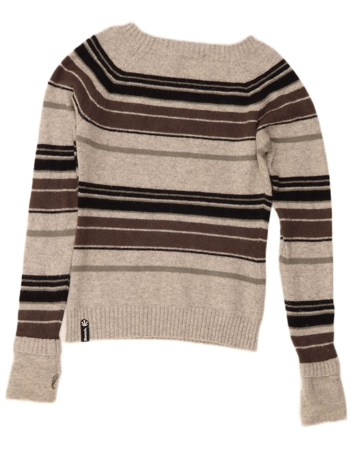 Bænk Dame Grafisk Boat Neck Jumper Sweater UK 10 Lille Grå Stribet