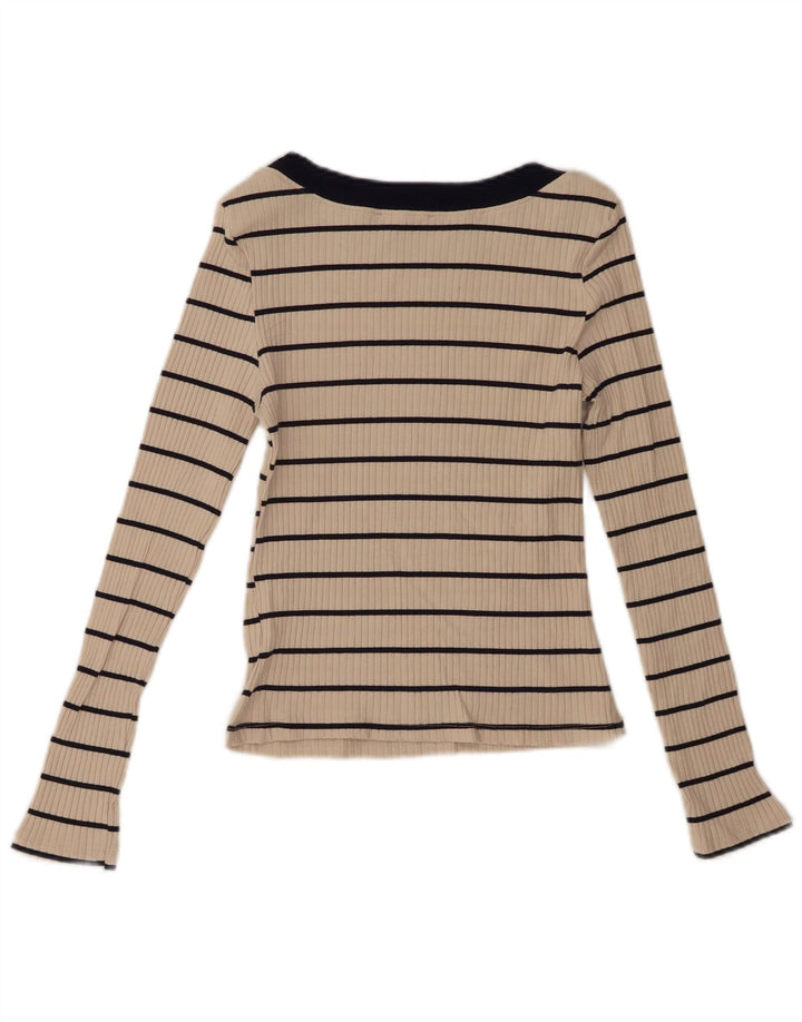 Zara Womens Crop Top Langærmet UK 12 Medium Beige Stribet Bomuld