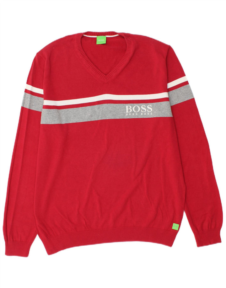 HUGO BOSS Herre grafisk V-hals sweater Stor rød farveblok