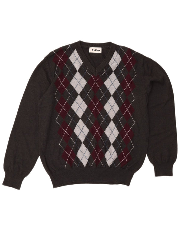 Vintage Herre V-hals sweater XL Grå Argyle/Diamond Wool