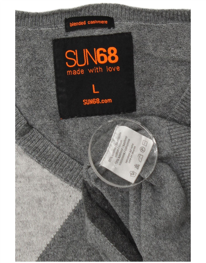 Sun68 Herre V-hals sweater Stor Grå Argyle/Diamond Bomuld