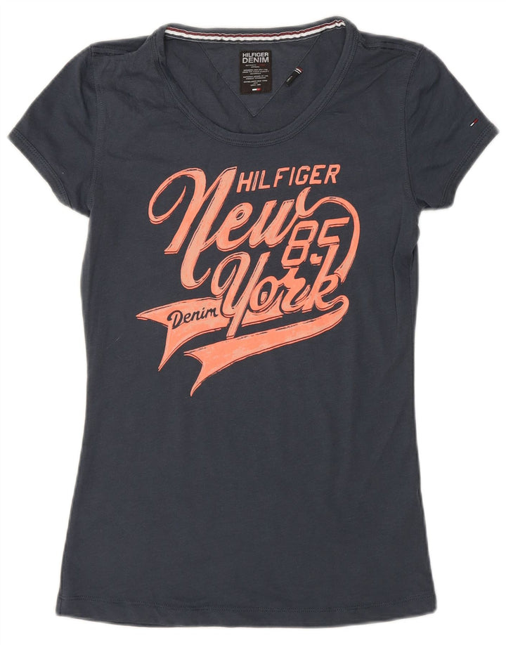TOMMY HILFIGER Womens Graphic T-Shirt Top UK 10 Small Navy Blue Polyester Vintage Tommy Hilfiger and Second-Hand Tommy Hilfiger from Messina Hembry 