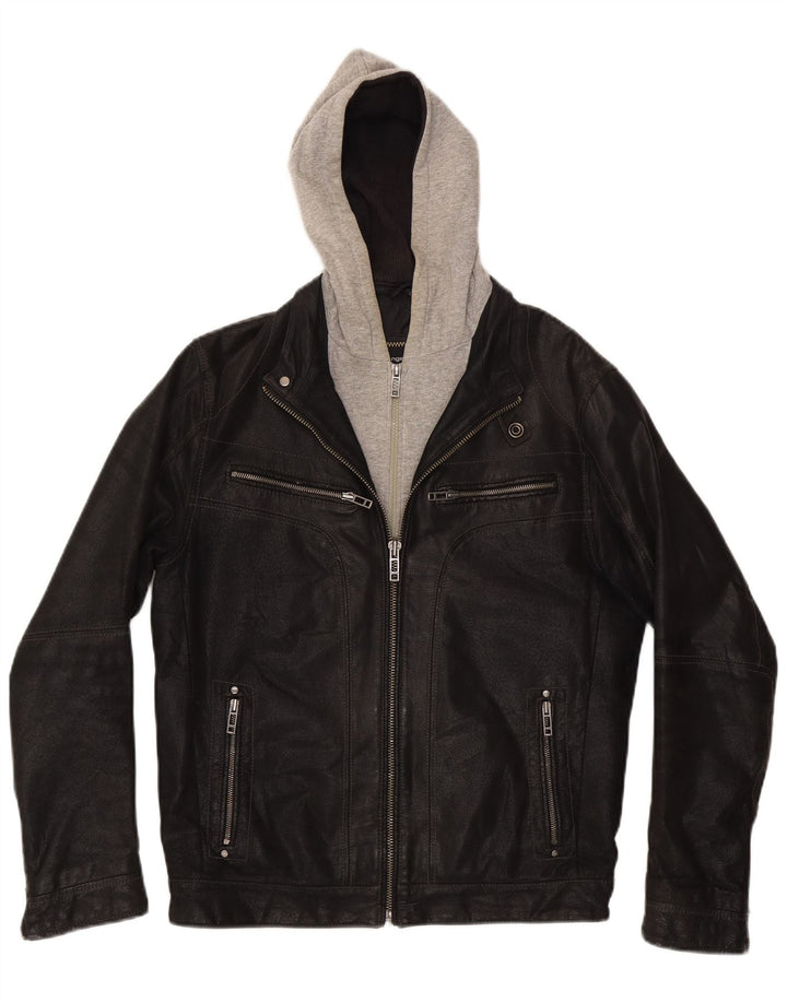 Angelo Litrico Herre hættelæderjakke UK 36 Small Black Colourblock