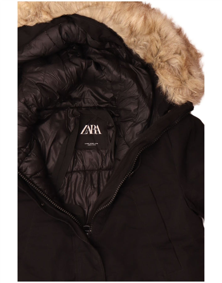 Zara Dame Hætte Oversized Parka Jacket UK 6 XS Sort Polyester