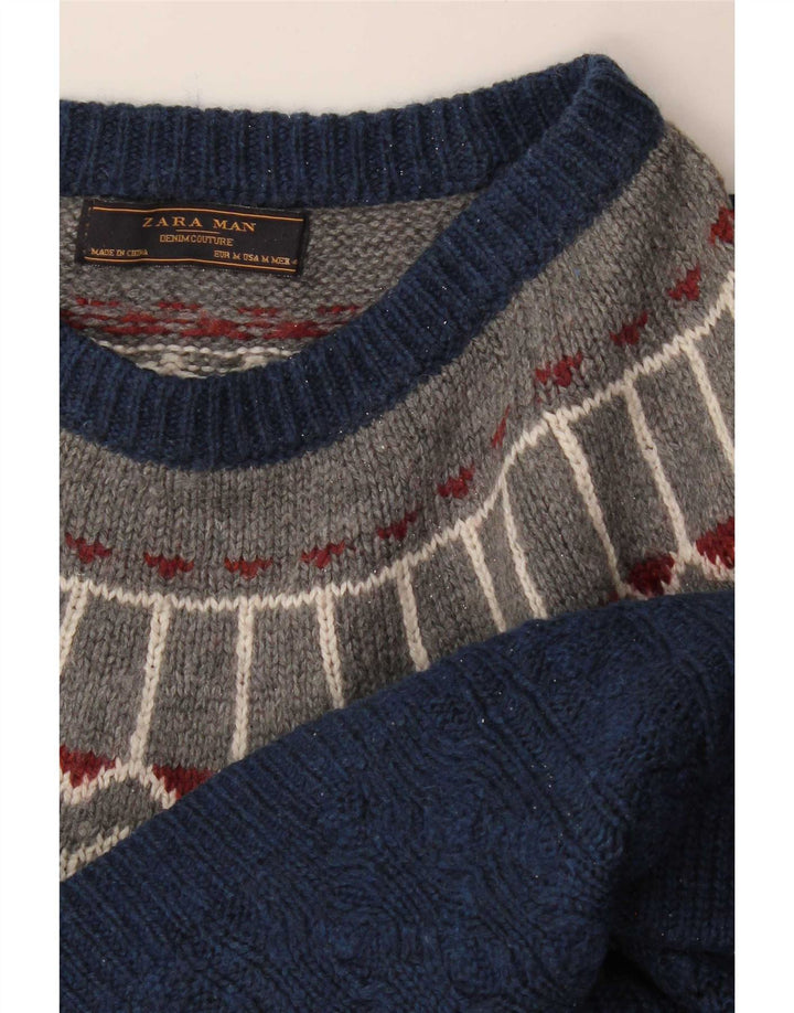 Zara Herre Boat Neck Jumper Sweater Medium Navy Blue Fair Isle