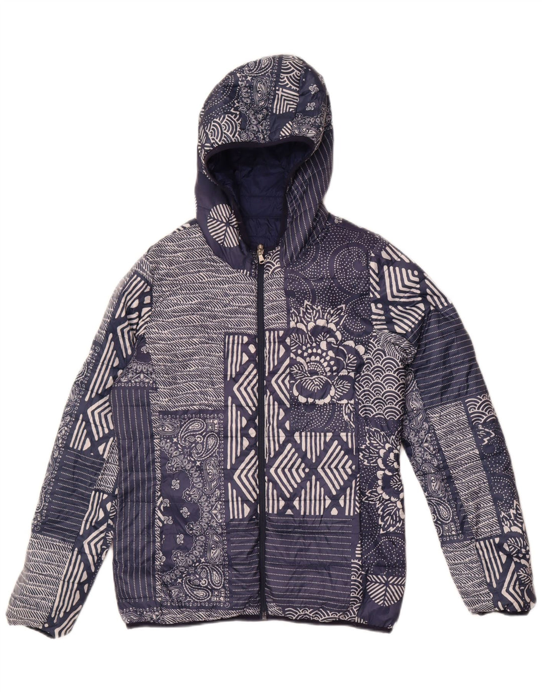 Champion Dame hættepolstret jakke IT 46 Large Navy Blue Patchwork