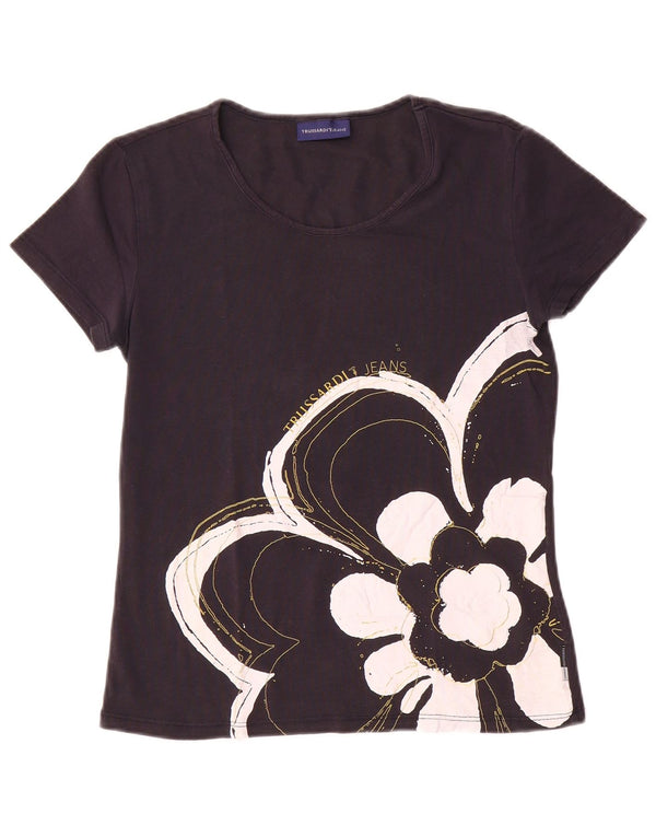 Trussardi Jeans Dame Grafisk T-Shirt Top UK 12 Medium Navy Blue Floral