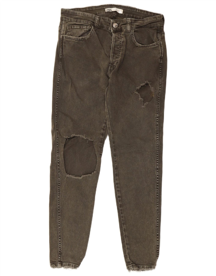 Zara Herre Distressed Slim Jeans EU 42 Medium W32 L27 Khaki Bomuld