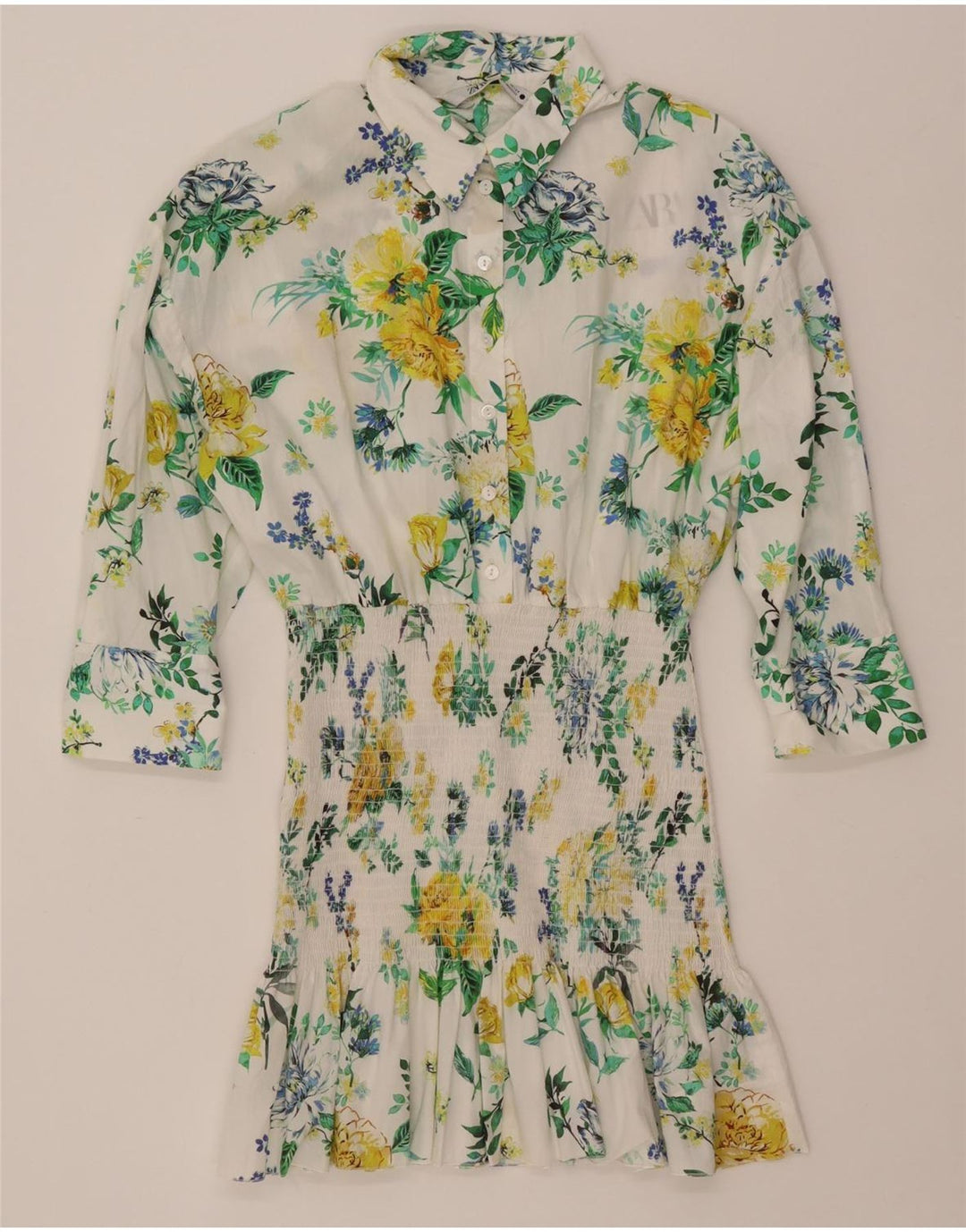 ZARA skjortekjole med 3/4 ærmer til kvinder UK 10 Small White Floral