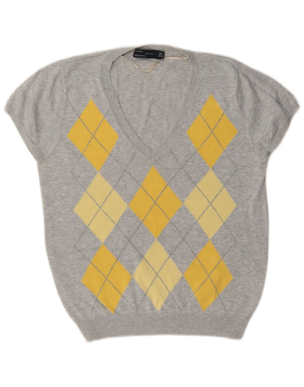 Zara Dame V-hals sweater UK 14 Large Grey Argyle/Diamond