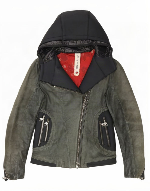 Delan Dame Hooded Læder Biker Jacket IT 42 Medium Green Colourblock