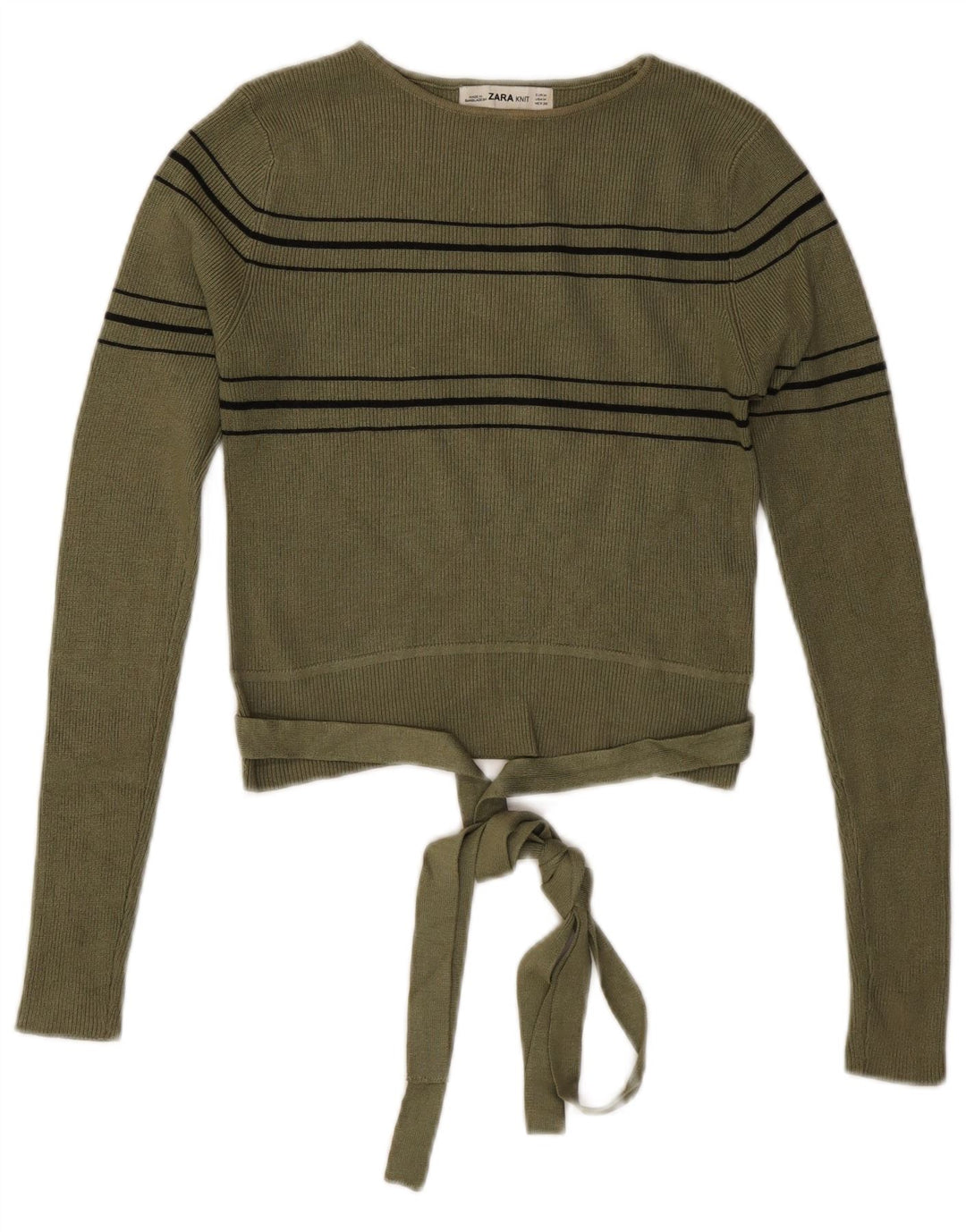 ZARA Womens Crop Boat Neck Jumper Sweater UK 12 Medium Khaki Striped