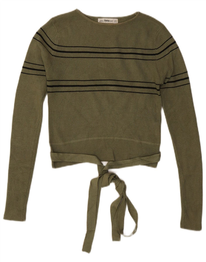 ZARA Womens Crop Boat Neck Jumper Sweater UK 12 Medium Khaki Striped