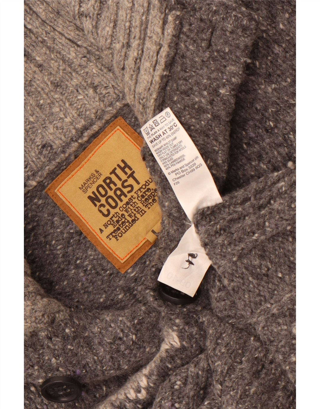 Marks & Spencer Herre Button Neck Jumper Sweater Large Grey Fair Isle Wool