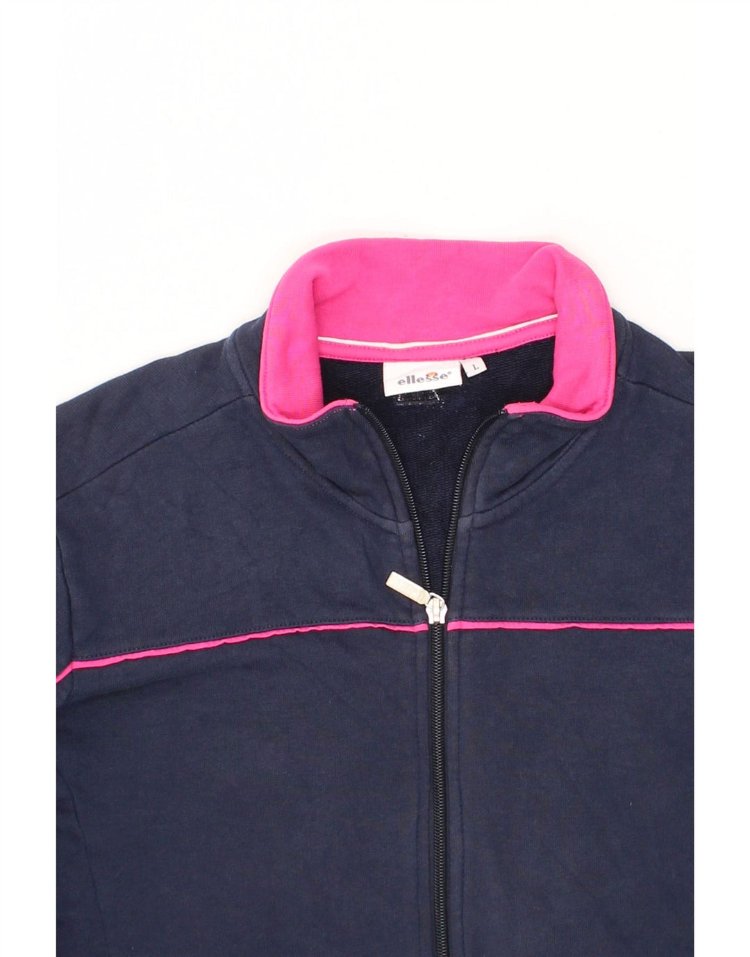ELLESSE Womens Graphic Tracksuit Top Jacket UK 16 Large Navy Blue Cotton Vintage Ellesse and Second-Hand Ellesse from Messina Hembry 