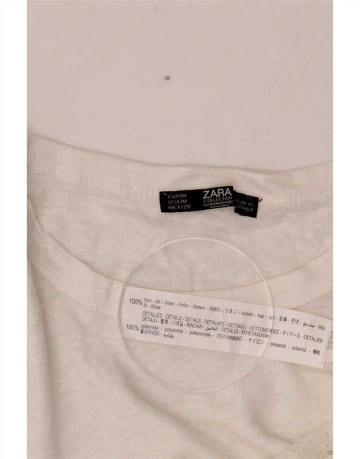Zara Womens Crop Bluse Top UK 12 Medium White Linen