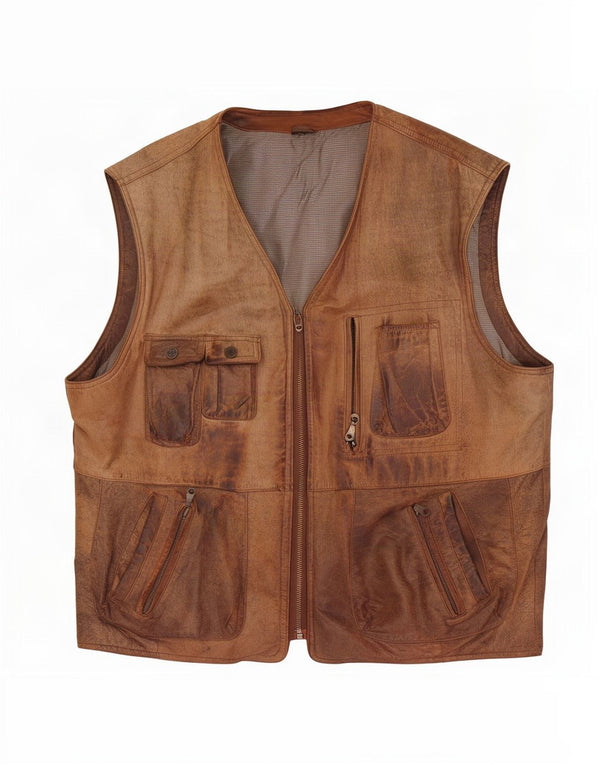 Vintage Herre Læder Utility Gilet EU 54 2XL Brun