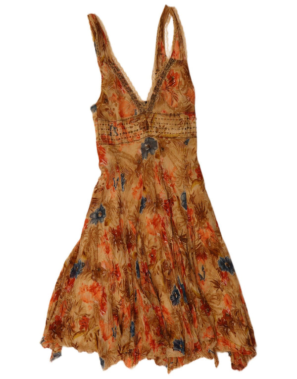 Extyn Dame Asymmetrisk Kjole UK 8 Small Beige Floral Viscose