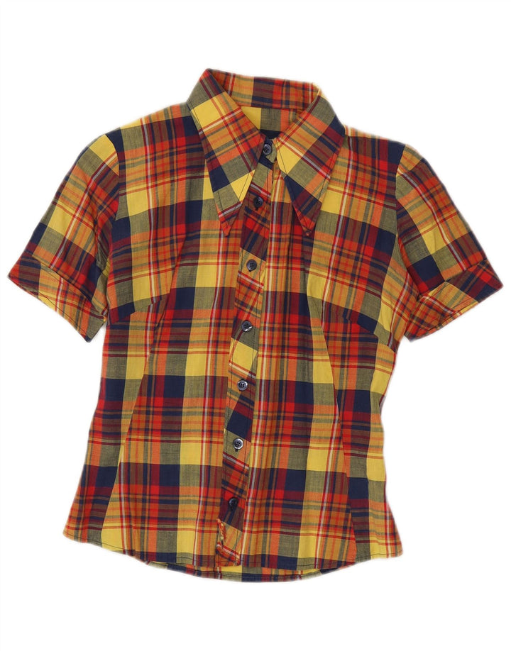 VINTAGE kortærmet skjorte til kvinder UK 10 Lille flerfarvet ternet