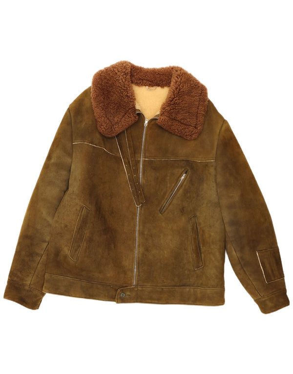 Vintage Herre Sherpa Ruskindsjakke IT 58 4XL Khaki