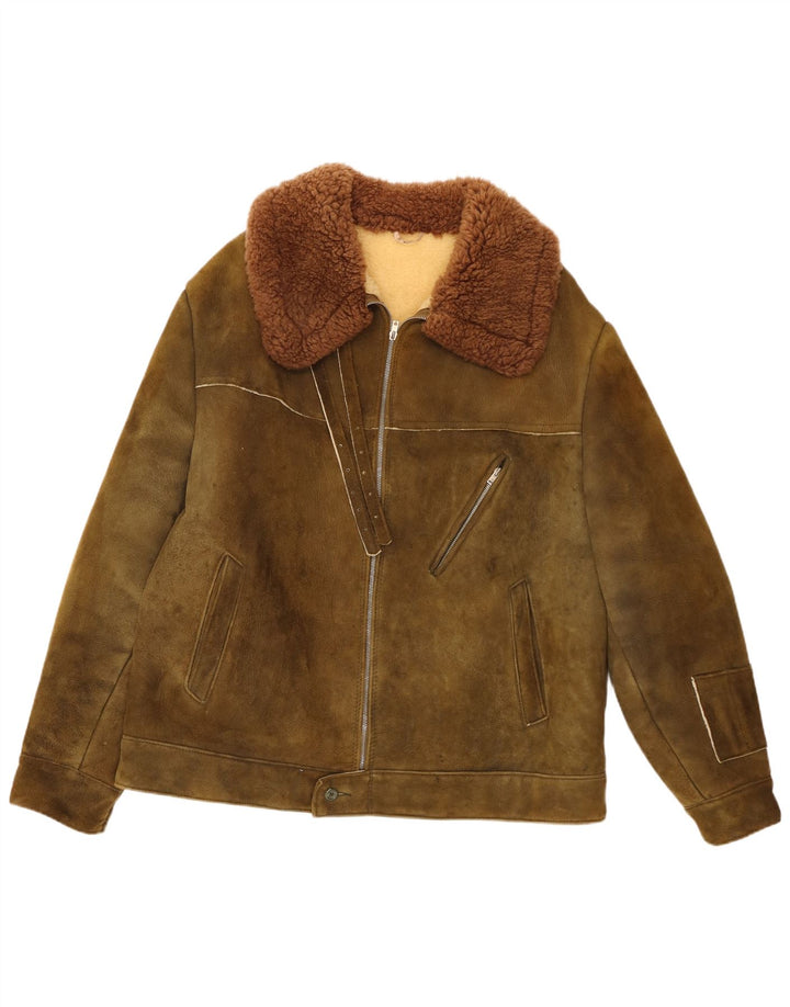 Vintage Herre Sherpa Ruskindsjakke IT 58 4XL Khaki