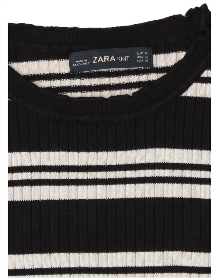 Zara Dame Crop Top Langærmet UK 12 Medium Sort Stribet
