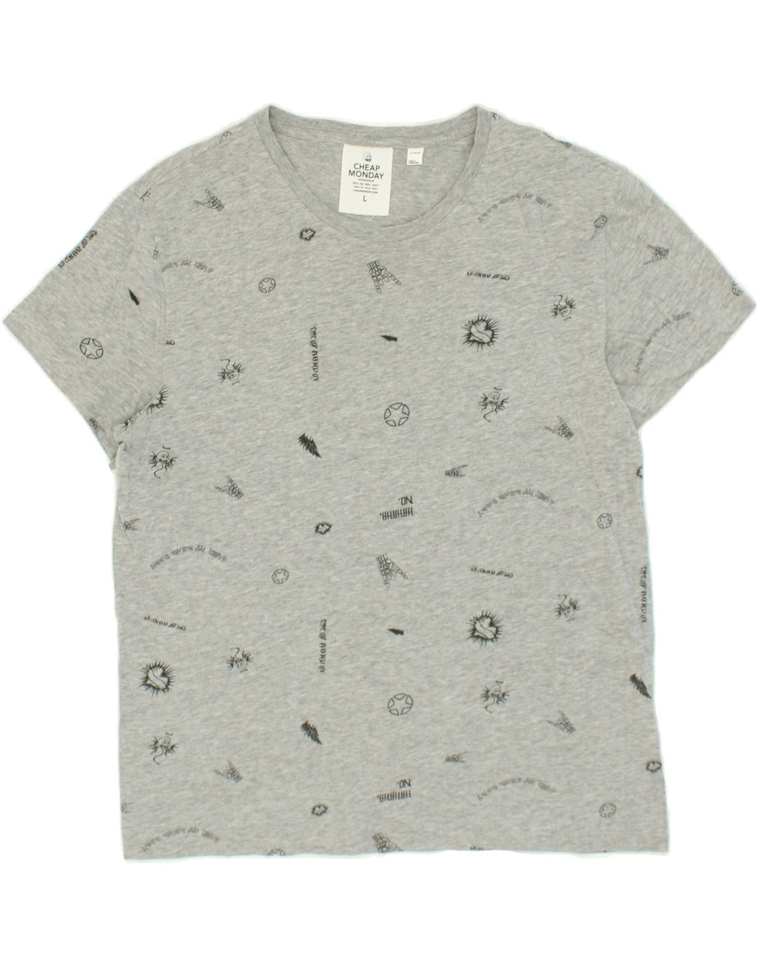 CHEAP MONDAY Mens Graphic T-Shirt Top Large Grey Spotted Cotton Vintage Cheap Monday and Second-Hand Cheap Monday from Messina Hembry 