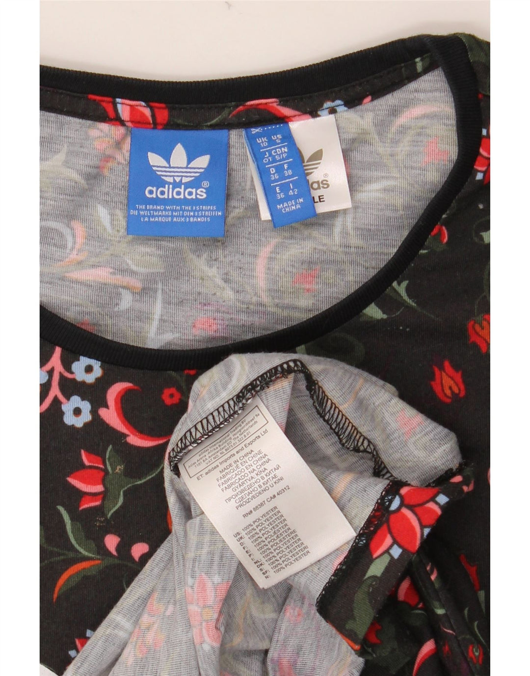 ADIDAS Grafisk T-Shirt Top UK 10 Small Black Floral Polyester