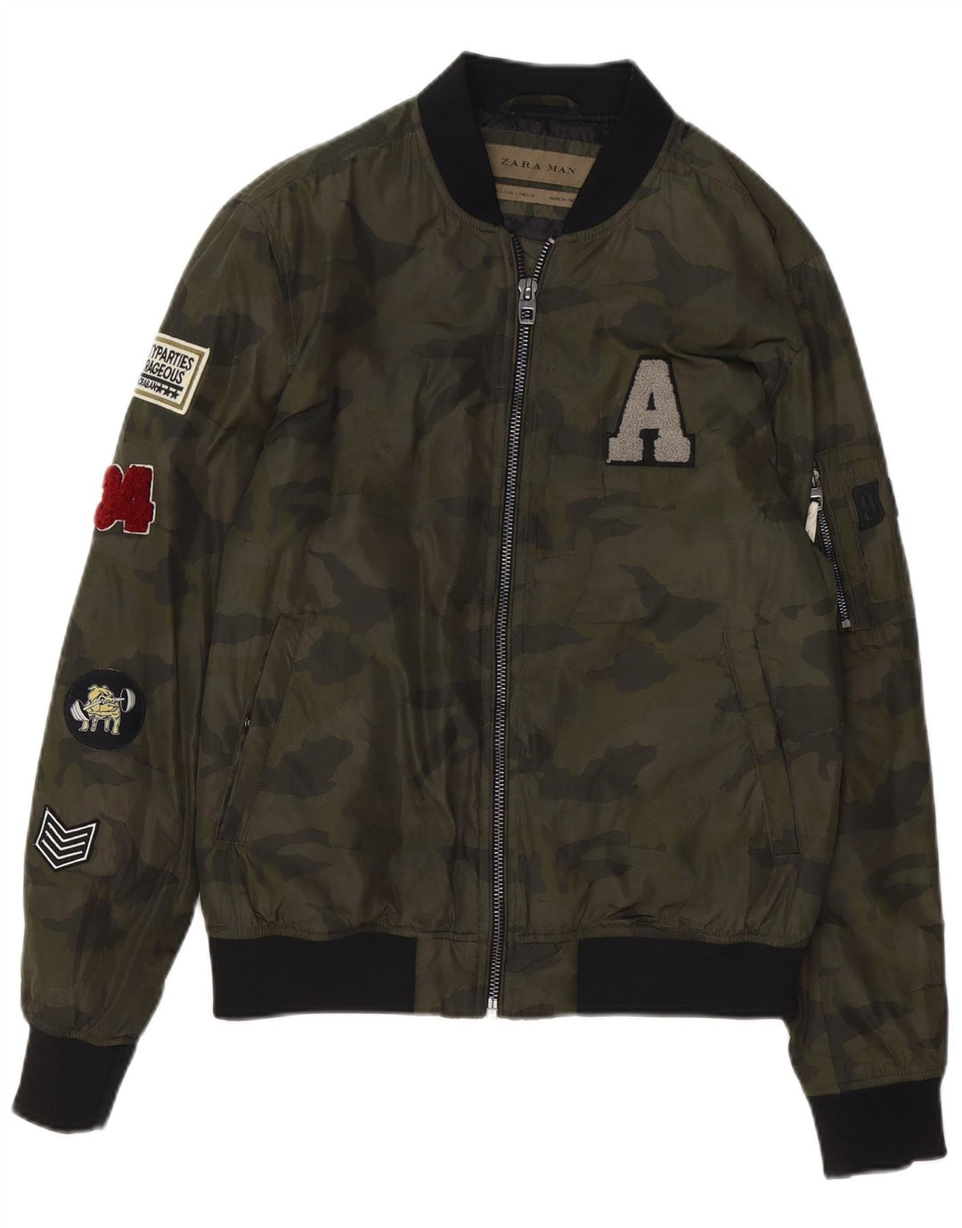 Zara Herre Graphic Bomber Jacket UK 40 Large Green Camouflage Polyester