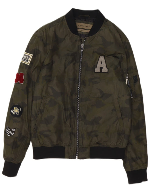 Zara Herre Graphic Bomber Jacket UK 40 Large Green Camouflage Polyester