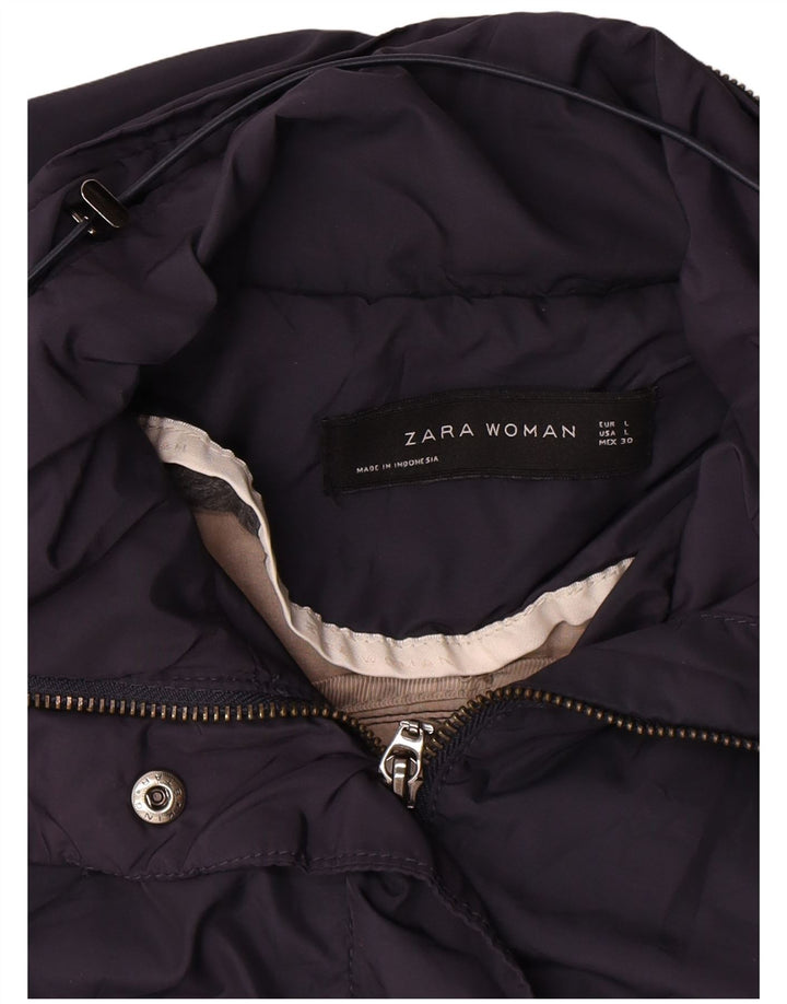 Zara Dame Hooded Utility Jacket UK 14 Large Navy Blue Polyester