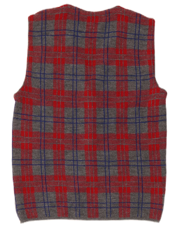 Vintage Mens Sleeveless Cardigan Sweater Small Grey Check Wool