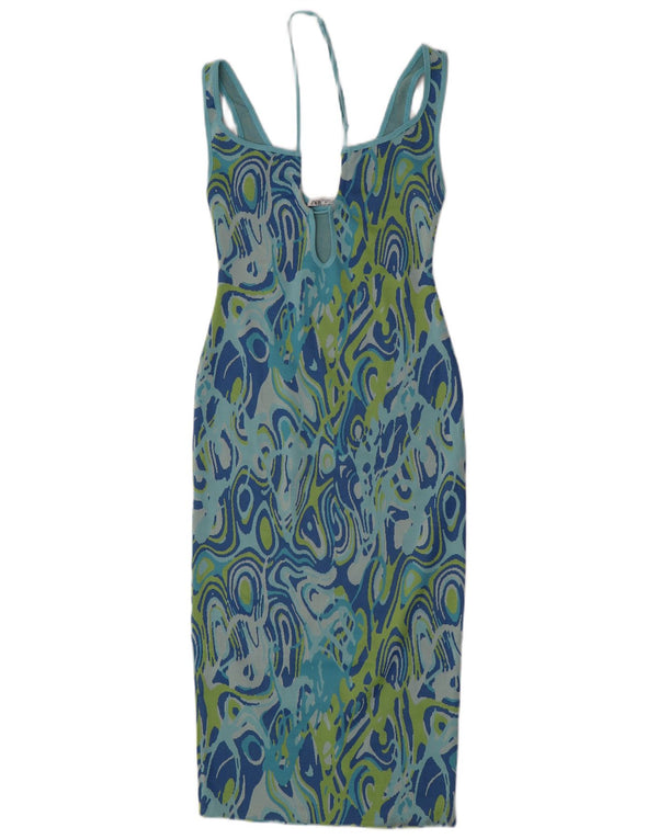 Zara Womens Sleeveless Bodycon Dress UK 8 Small Blue Geometric Polyester