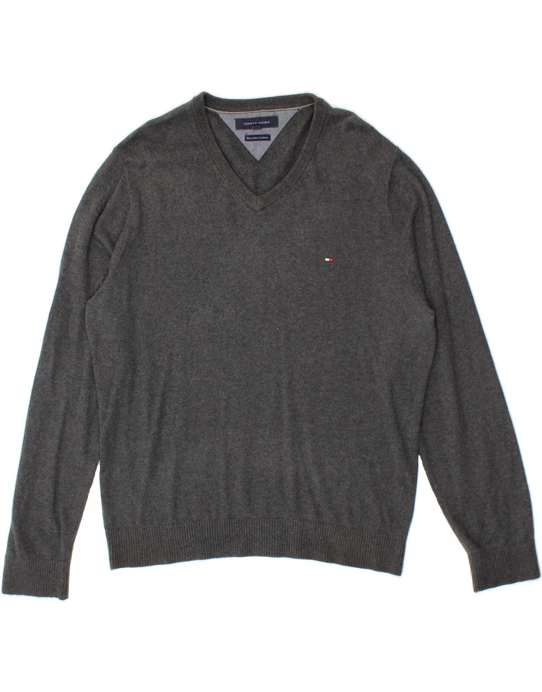 TOMMY HILFIGER Mens V-Neck Jumper Sweater Medium Grey Cotton Vintage Tommy Hilfiger and Second-Hand Tommy Hilfiger from Messina Hembry 