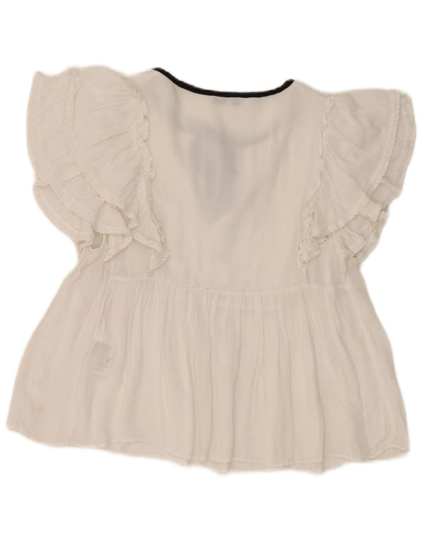 Zara Womens Front Tie Batwing Blouse Top UK 12 Medium White Cotton
