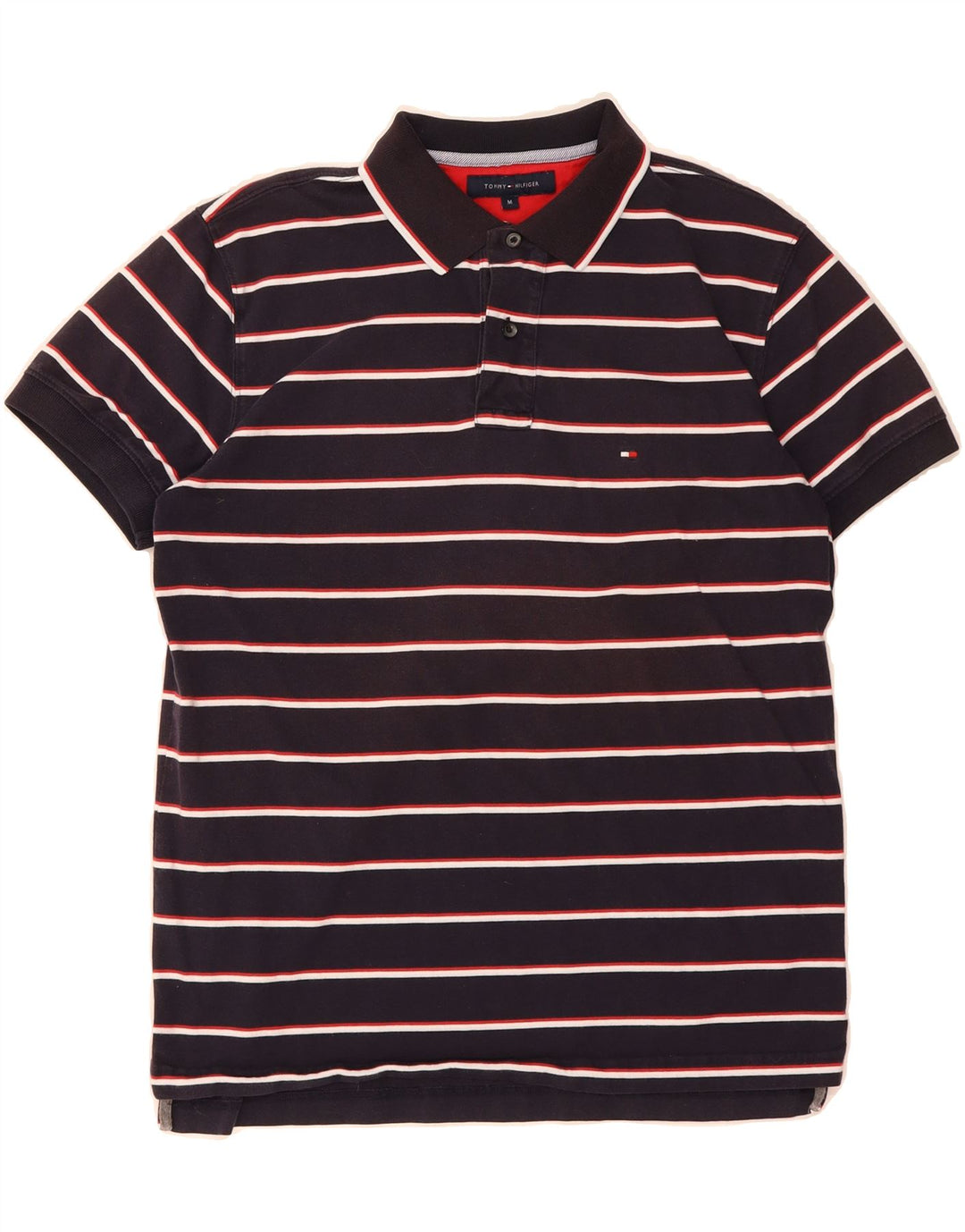 TOMMY HILFIGER Mens Polo Shirt Medium Navy Blue Striped Cotton Vintage Tommy Hilfiger and Second-Hand Tommy Hilfiger from Messina Hembry 