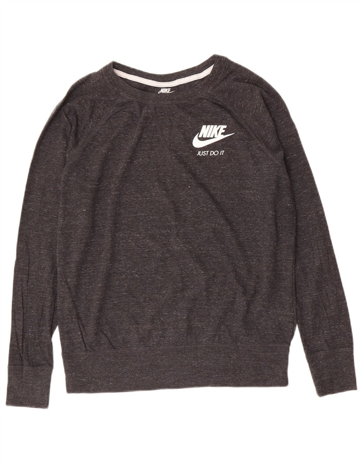 NIKE Womens Top Long Sleeve UK 14 Medium Grey Flecked Cotton