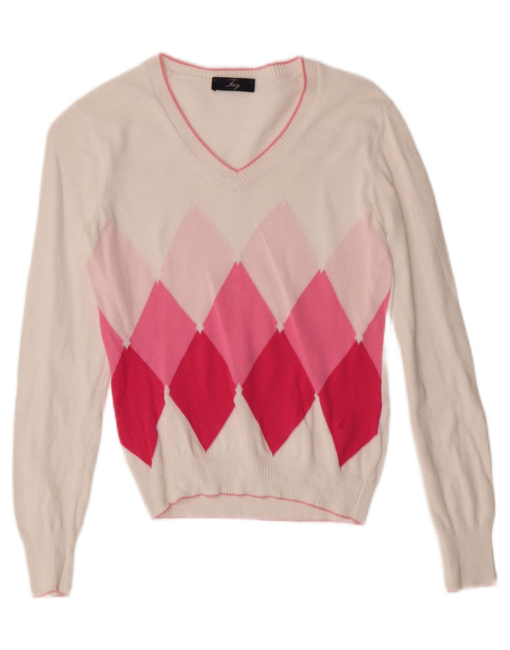 FAY Womens V-Neck Jumper Sweater UK 10 Small White Argyle/Diamond Cotton Vintage Fay and Second-Hand Fay from Messina Hembry 