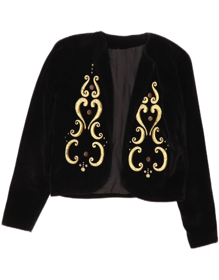 Vintage Dame Velvet Open Bolero Jacket UK 14 Medium Black