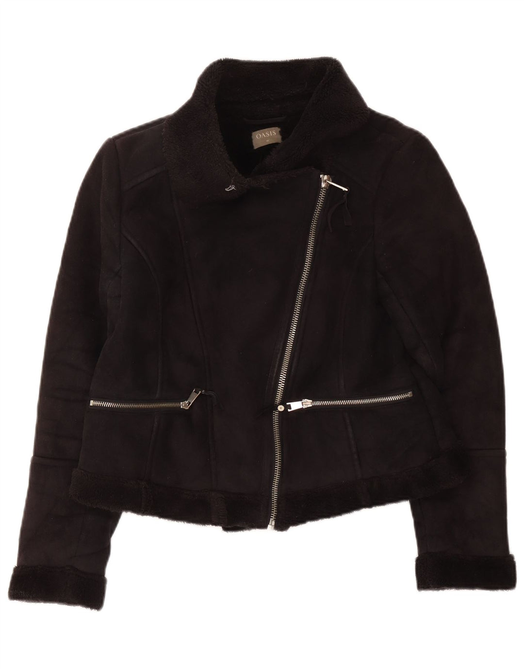 Oasis Sherpa Biker Jacket til kvinder, UK 14 Medium Sort Polyester