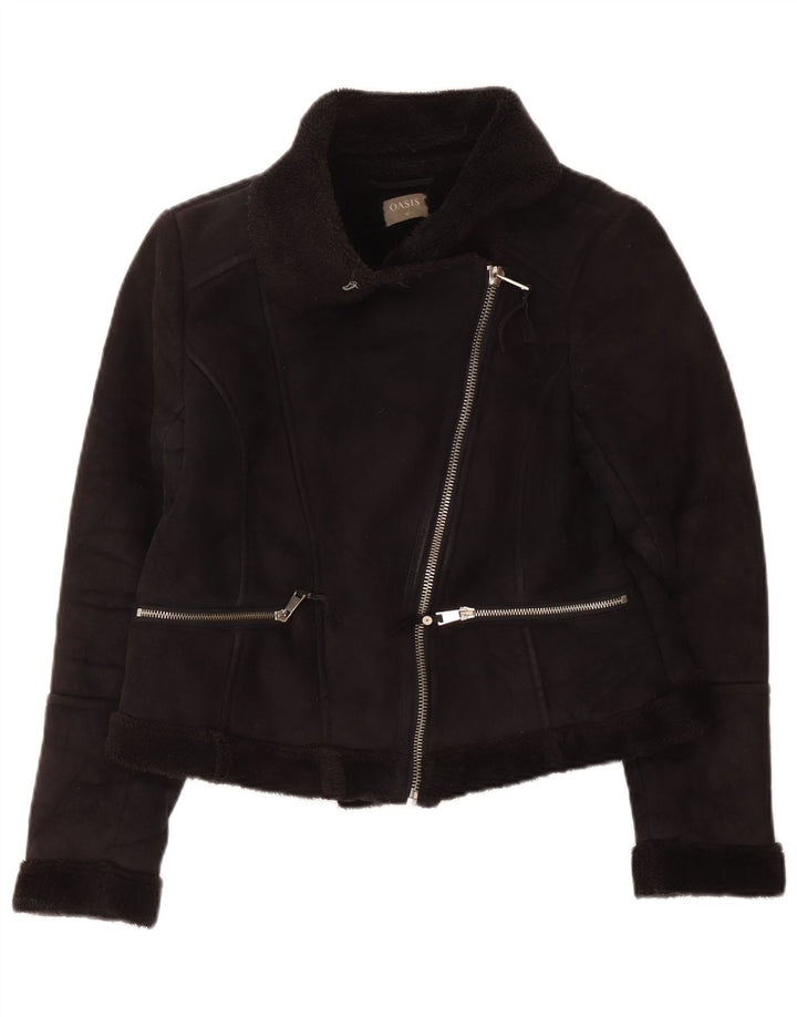 Oasis Sherpa Biker Jacket til kvinder, UK 14 Medium Sort Polyester