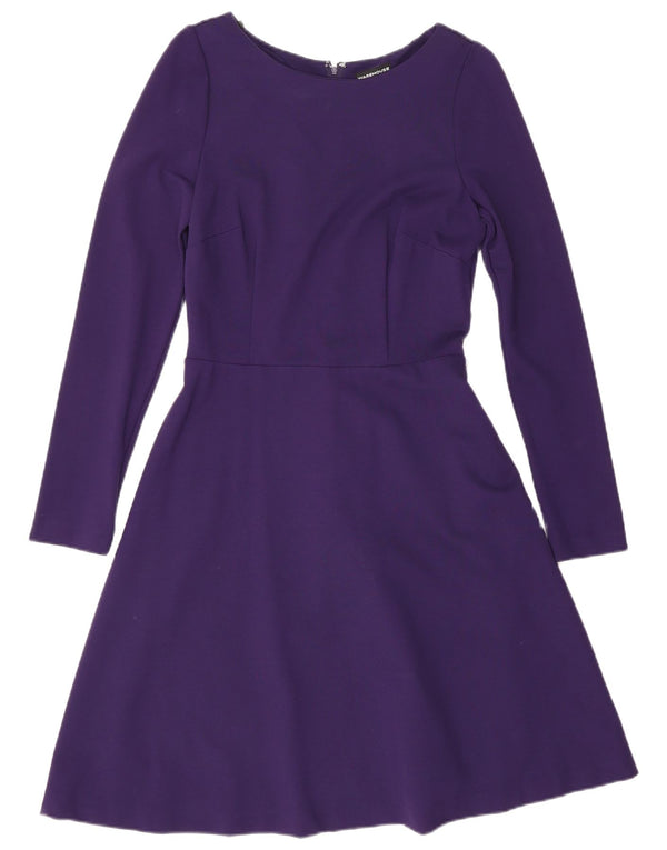 Warehouse Dame Langærmet A-Line Kjole UK 10 Small Purple Viscose