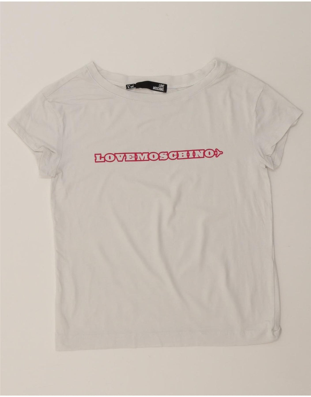 MOSCHINO Womens Graphic T-Shirt Top UK 8 Small White Vintage Moschino and Second-Hand Moschino from Messina Hembry 