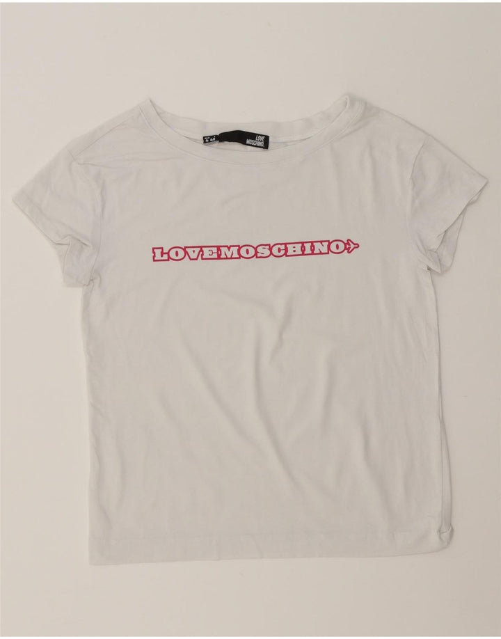 MOSCHINO Womens Graphic T-Shirt Top UK 8 Small White Vintage Moschino and Second-Hand Moschino from Messina Hembry 